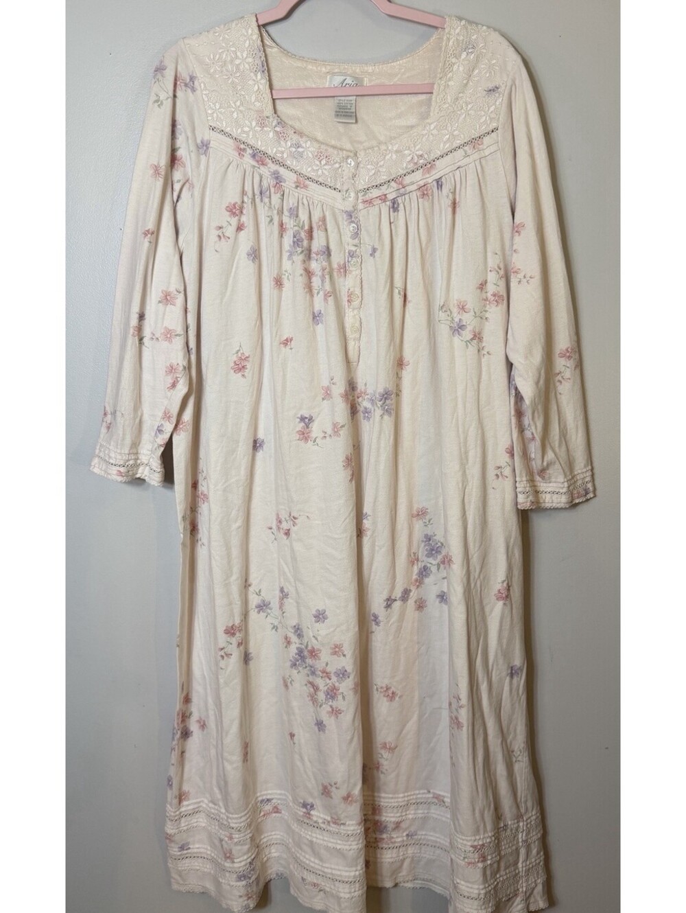 Aria VTG Nightgown Med Cottagecore Floral Cotton Lace Long Sleeve Sleepwear Soft